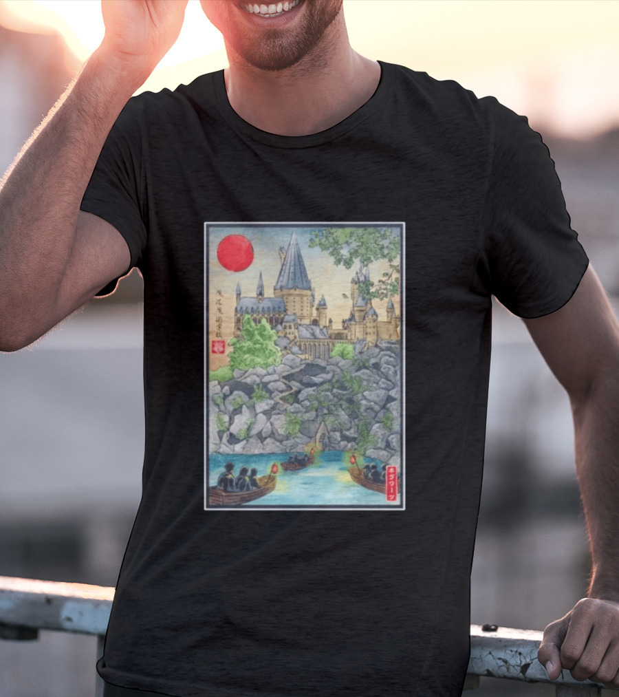Hogwarts School Of Witchcraft And Wizardry Japanese Ukiyo E Style Castle With Boats And Red Sun T-Shirt