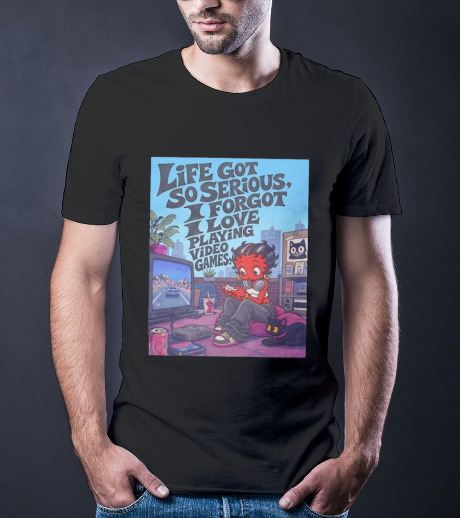 Life Got So Serious I Forgot I Love Playing Video Games City Room Scene Retro Character And Cat T-Shirt