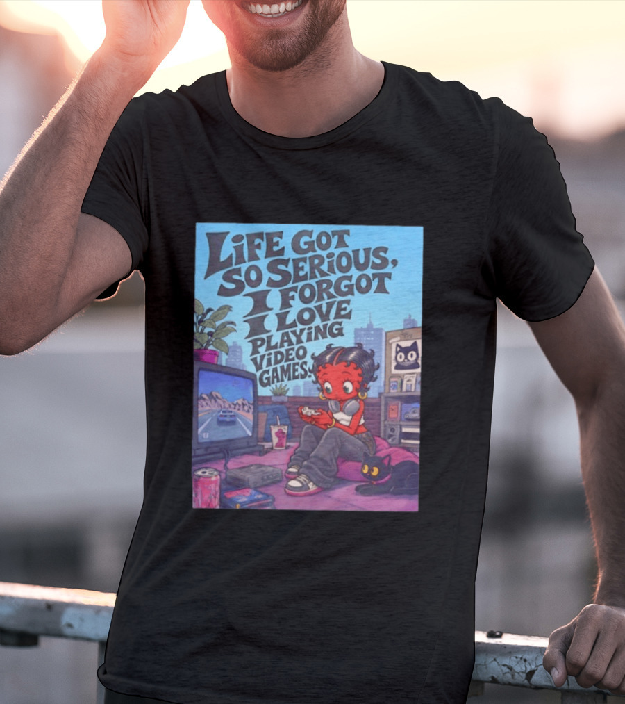 Life Got So Serious I Forgot I Love Playing Video Games City Room Scene Retro Character And Cat T-Shirt