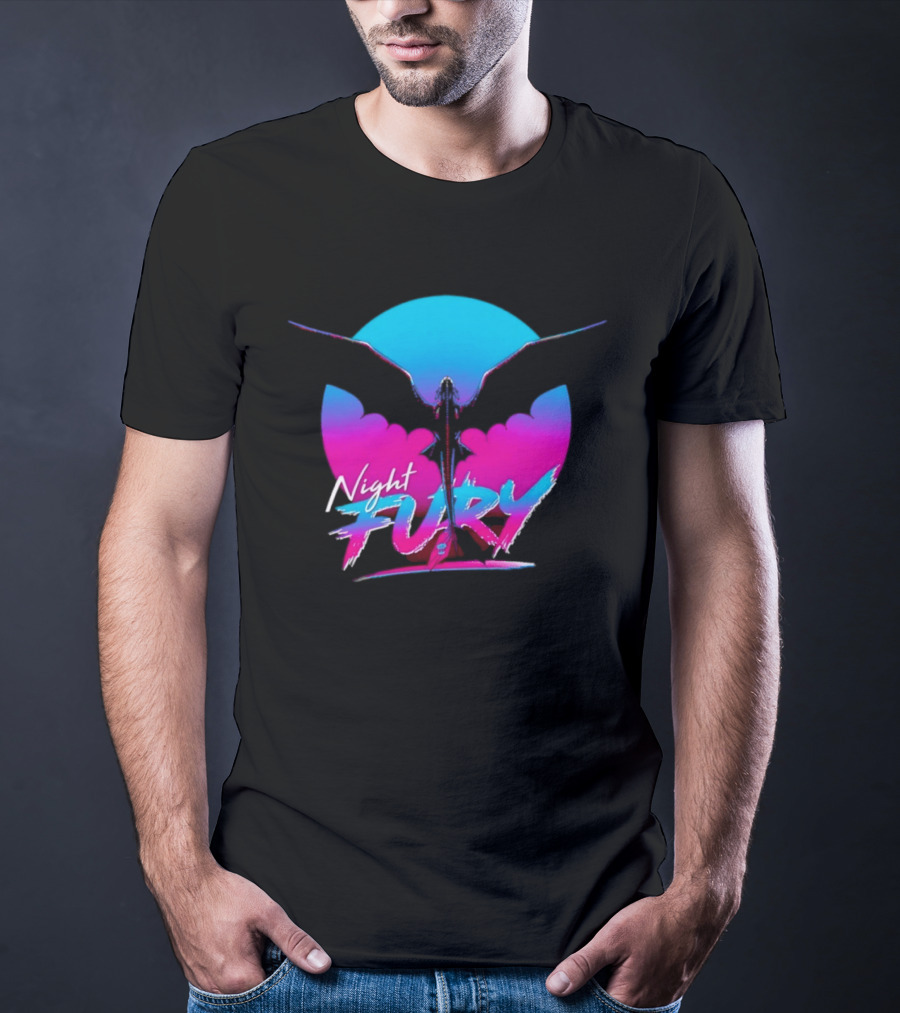 Night Fury Dragon Silhouette Neon Blue And Pink T-Shirt