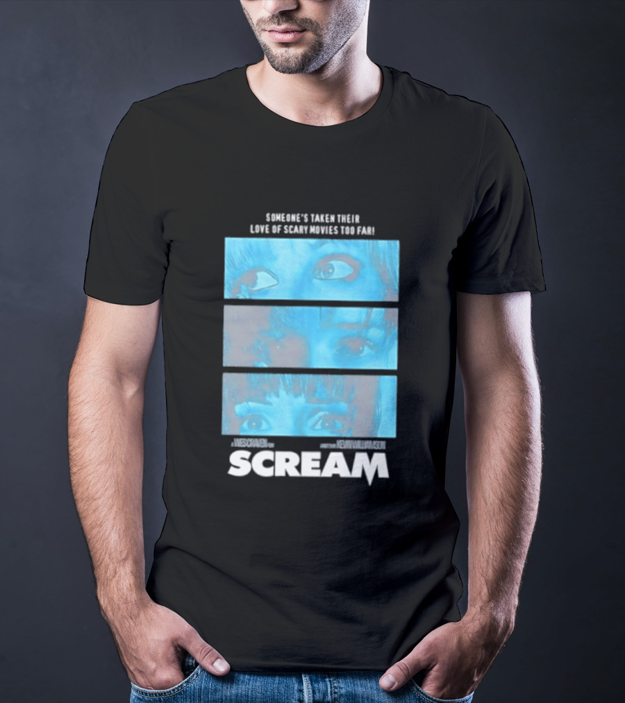 Someone's Taken Their Love Of Scary Movies Too Far Scream Eyes Dramatic Blue Panels T-Shirt