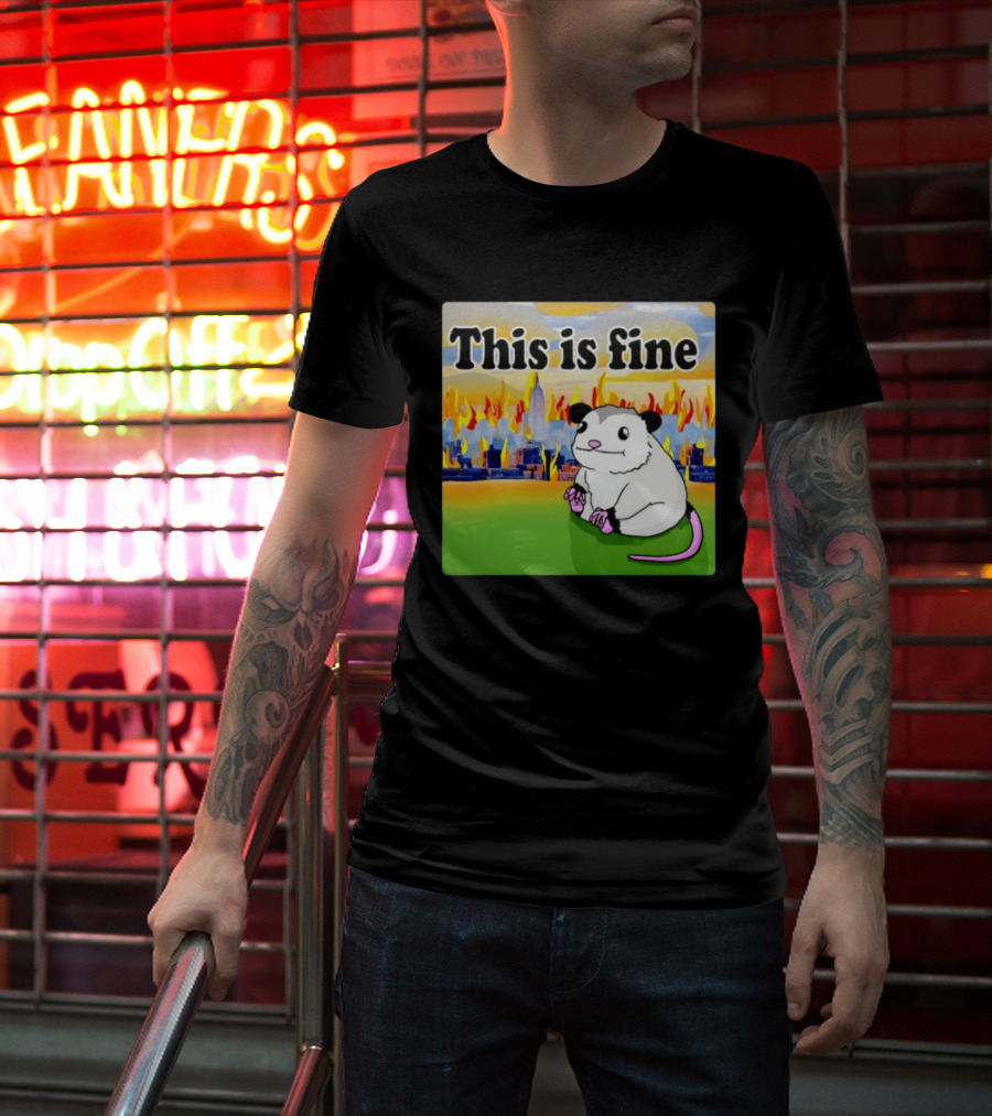 This Is Fine Opossum New York City NYC Urban Skyline Flames T-Shirt