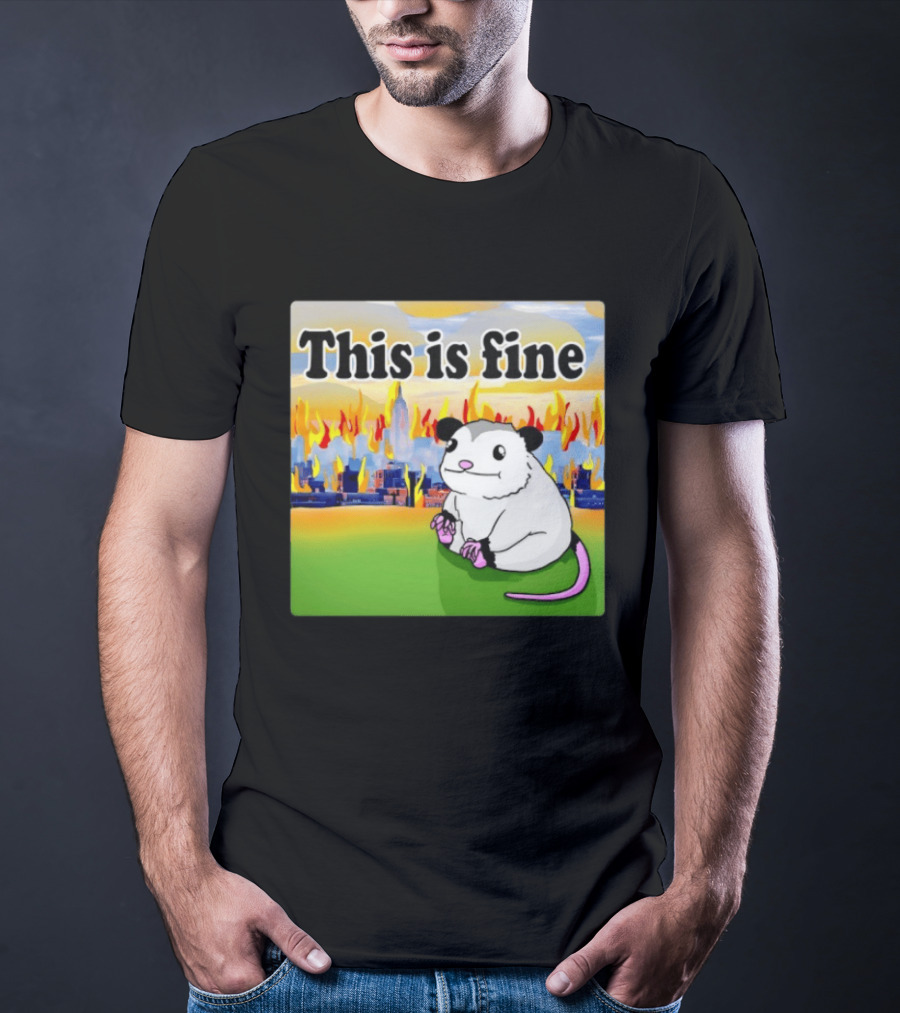 This Is Fine Opossum New York City NYC Urban Skyline Flames T-Shirt