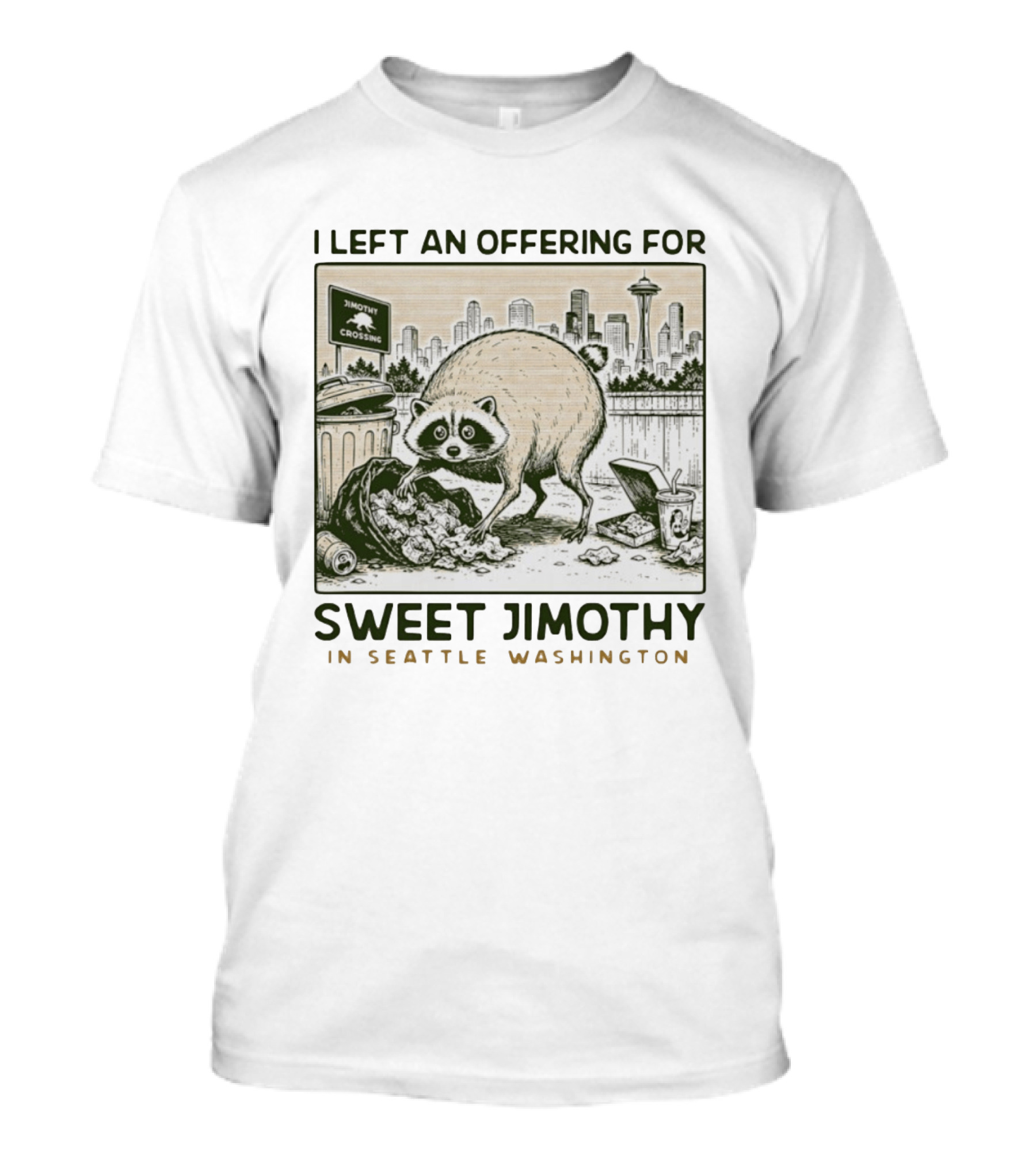 Sweet Jimothy Raccoon Offering In Seattle Washington With City Skyline T-Shirt