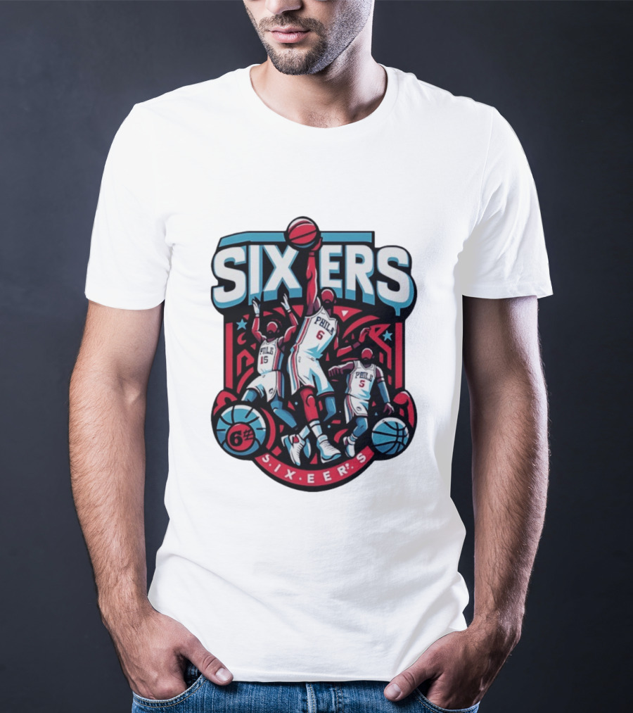 Philadelphia Sixers 2026 NBA Collage Featuring Number 6 Phila Basketball Player T-Shirt