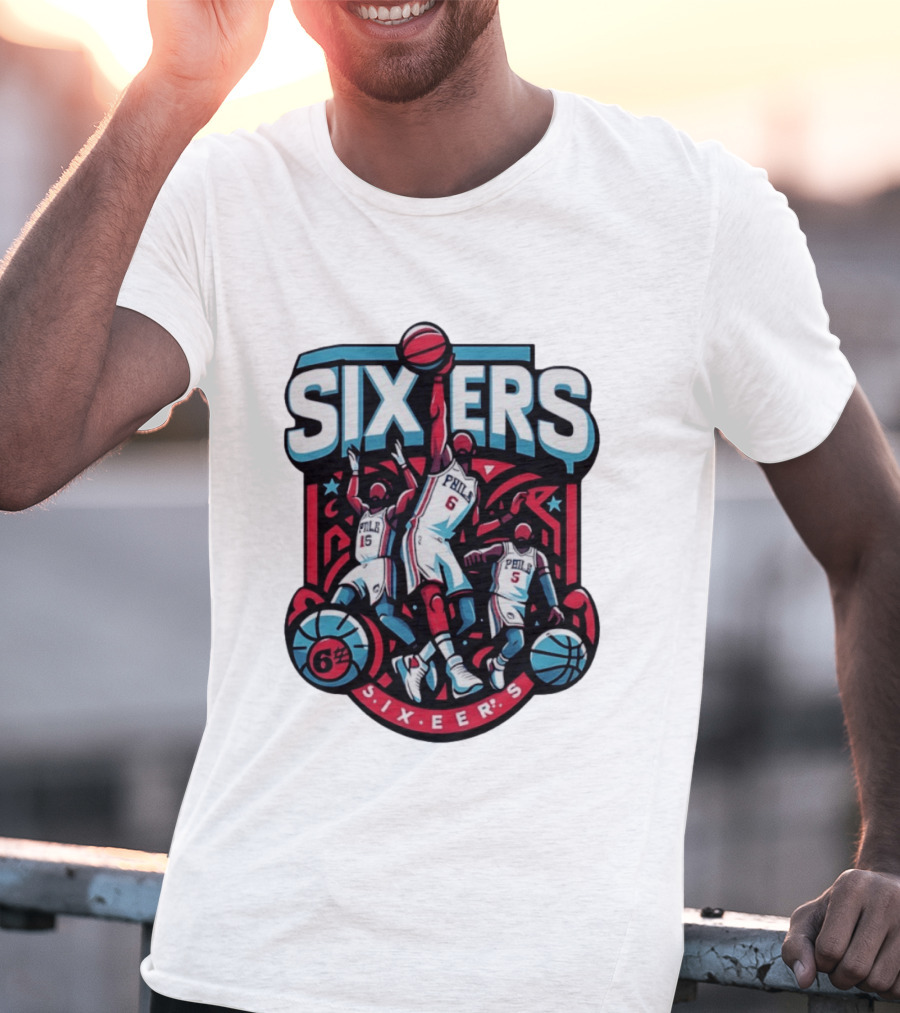 Philadelphia Sixers 2026 NBA Collage Featuring Number 6 Phila Basketball Player T-Shirt