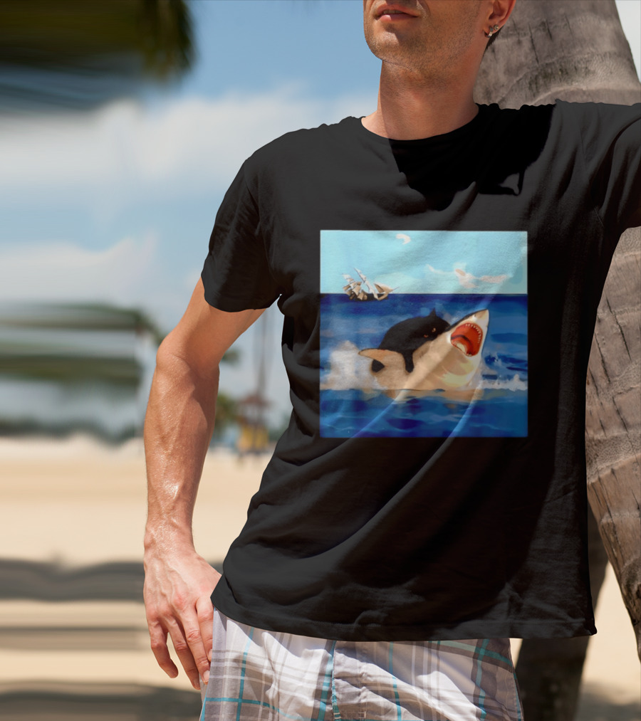 Black Cat Riding Great White Shark With Ocean And Sailing Ship T-Shirt