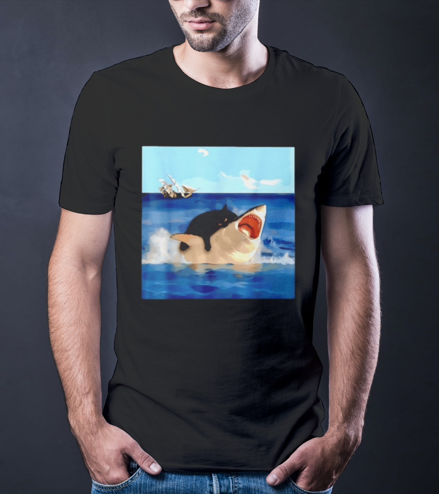 Black Cat Riding Great White Shark With Ocean And Sailing Ship T-Shirt