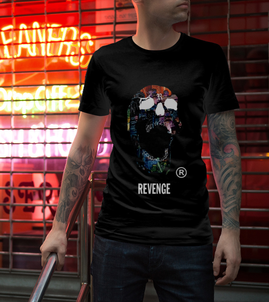 Revenge Neon Skull Cityscape Lights Black T-Shirt