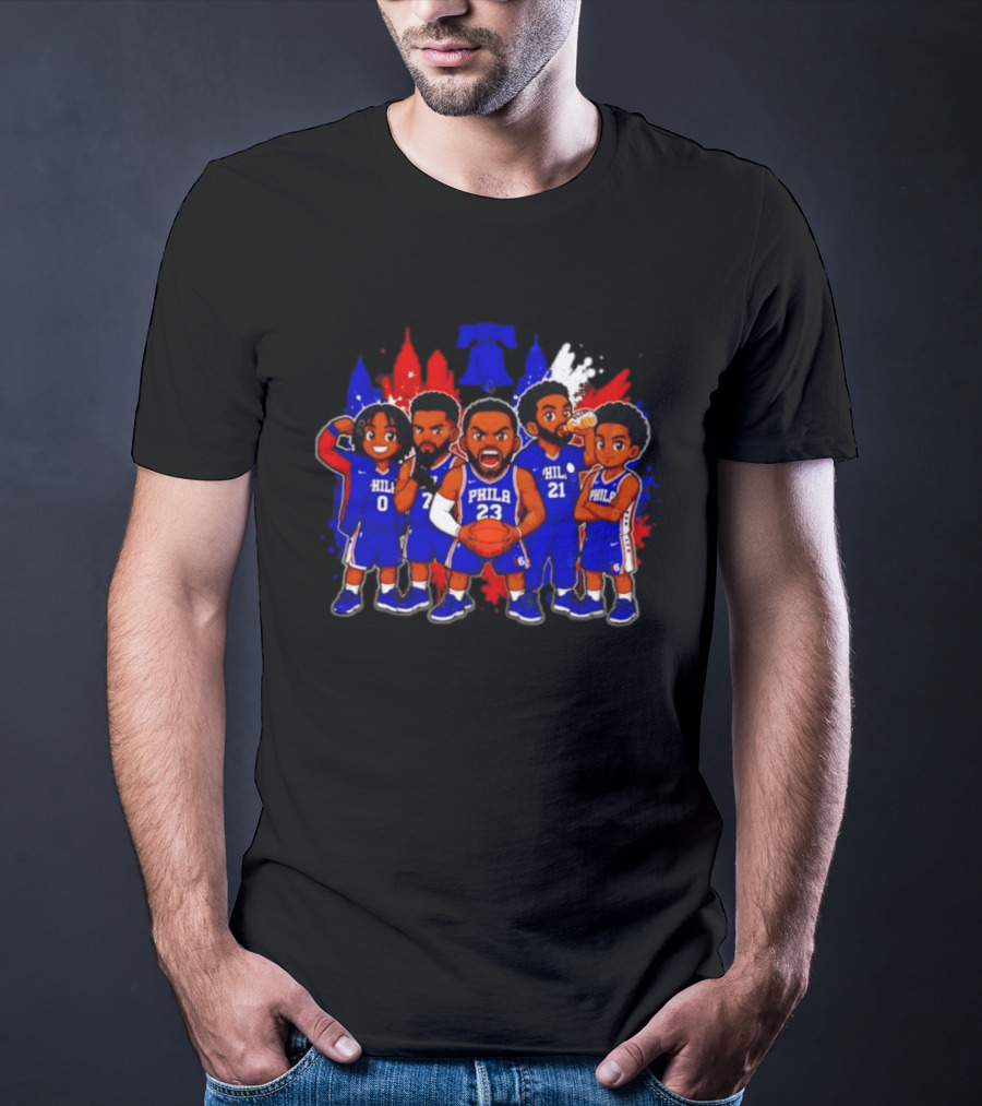 Philadelphia 76ers Cartoon Players With Liberty Bell Skyline T-Shirt