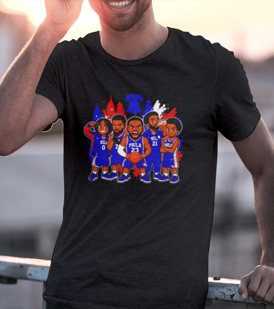 Philadelphia 76ers Cartoon Players With Liberty Bell Skyline T-Shirt
