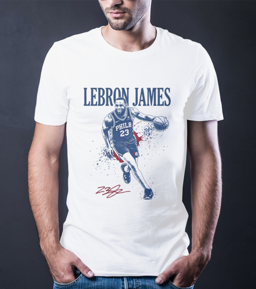 LeBron James 23 Philly Basketball Blue And Red Splash T-Shirt