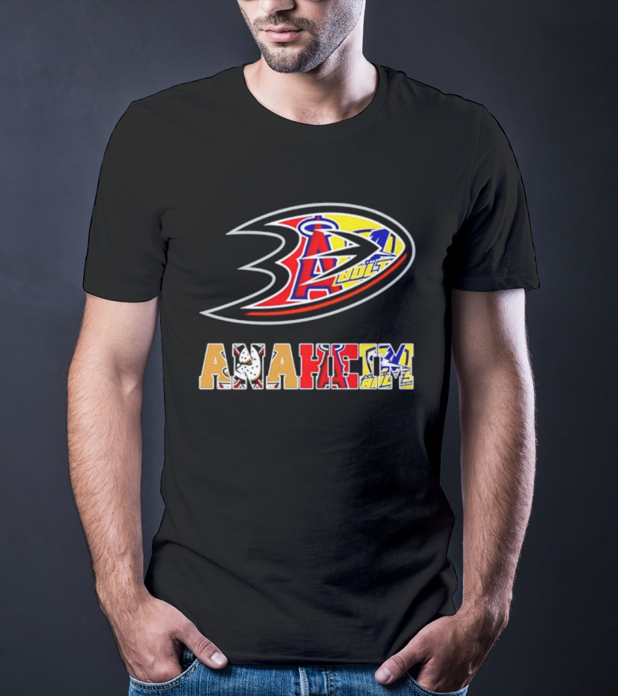 Anaheim Ducks Los Angeles Angels Anaheim Bolts Collage Anaheim Text And Logos T-Shirt