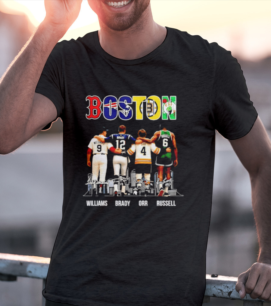 Boston Red Sox Patriots Bruins Celtics Williams Brady Orr Russell T-Shirt