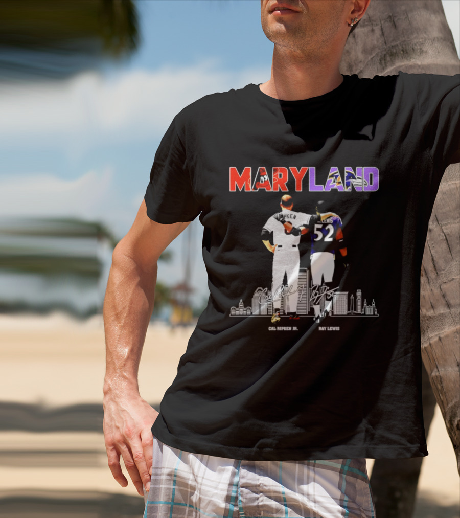Maryland Cal Ripken Jr 8 Baltimore Orioles Ray Lewis 52 Baltimore Ravens Skyline T-Shirt