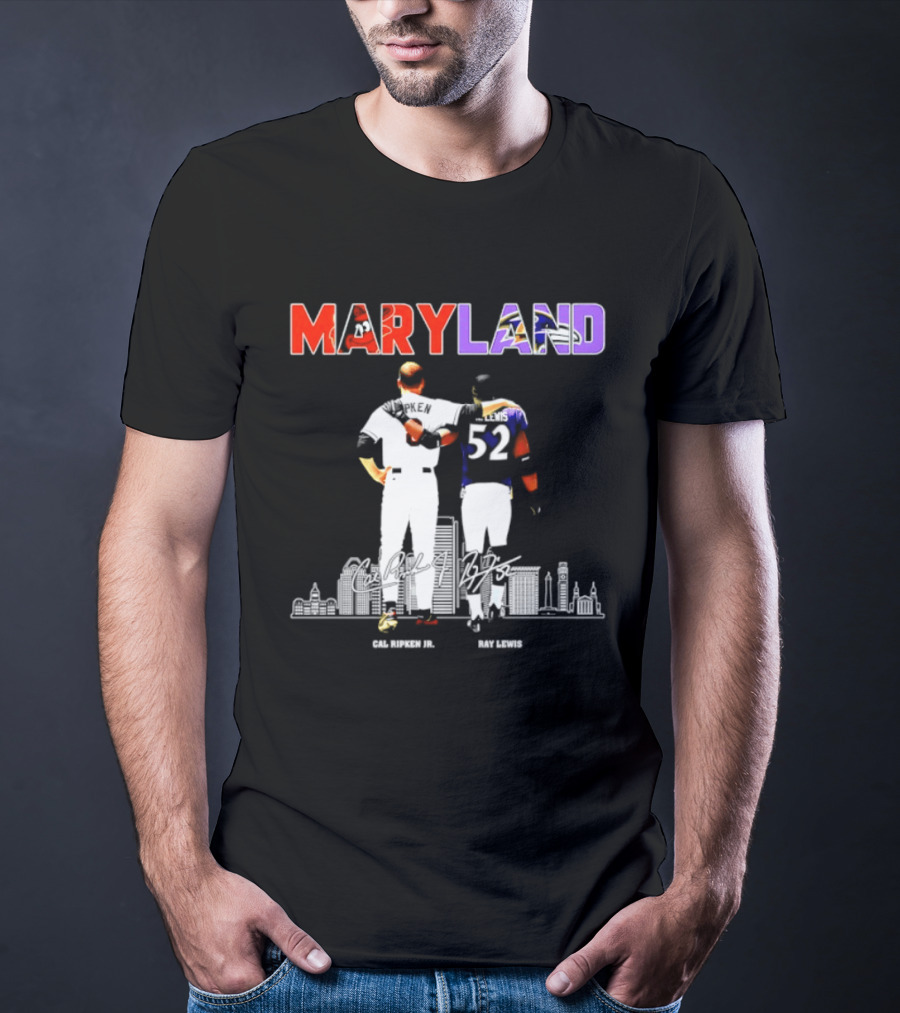 Maryland Cal Ripken Jr 8 Baltimore Orioles Ray Lewis 52 Baltimore Ravens Skyline T-Shirt
