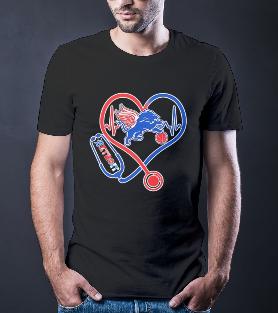 Detroit Heartbeat Stethoscope Lion Playing Basketball T-Shirt