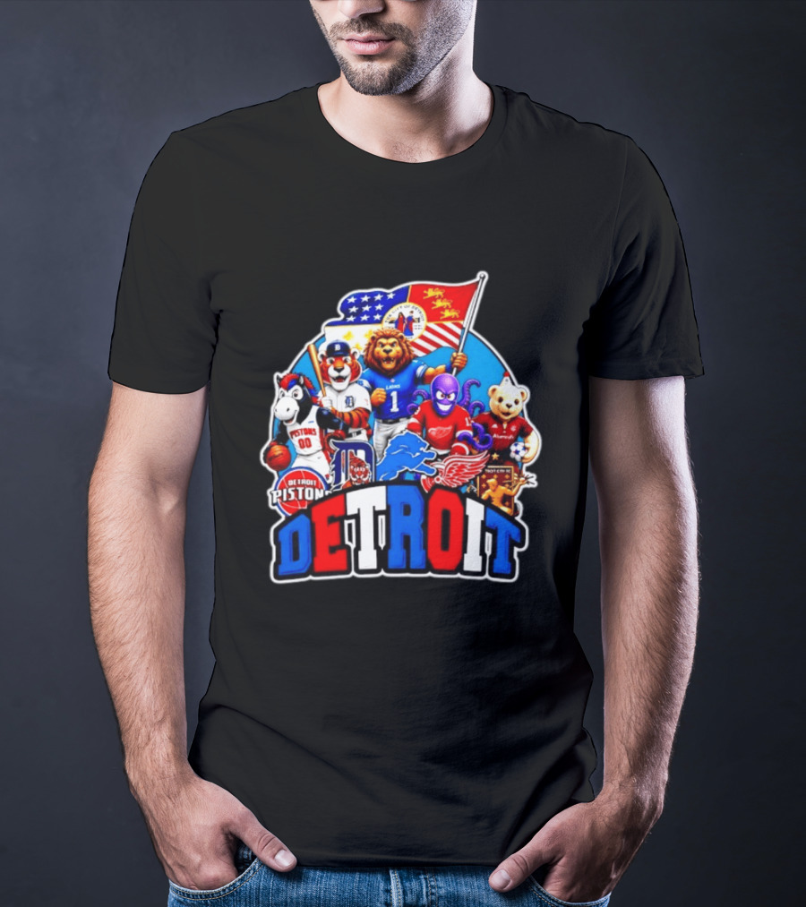 Detroit Lions Tigers Pistons Red Wings Mascots With Flag T-Shirt