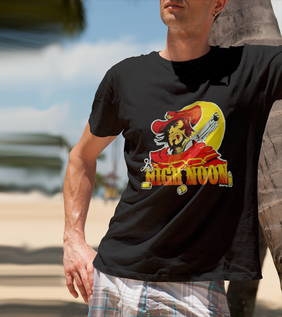 It's High Noon Cowboy With Red Cape And Pistol In Front Of Yellow Sun T-Shirt