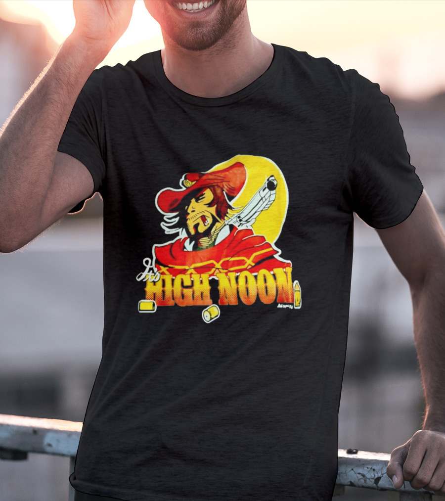 It's High Noon Cowboy With Red Cape And Pistol In Front Of Yellow Sun T-Shirt