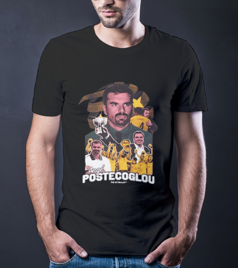 Ange Postecoglou Celebratory Moments With Trophy And Team T-Shirt