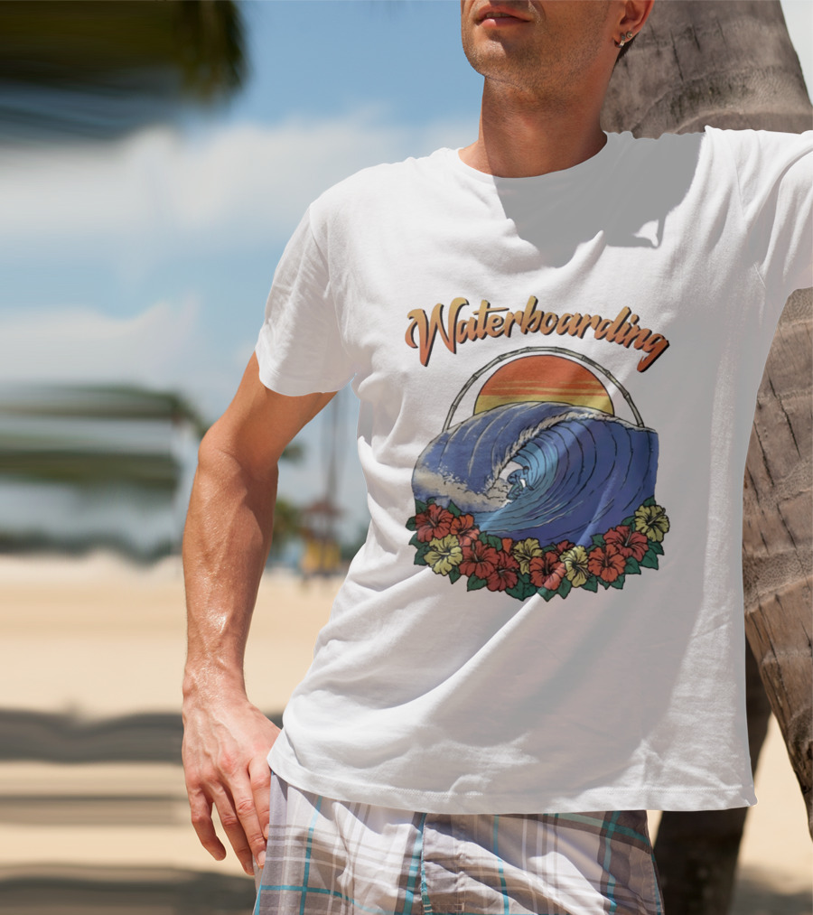 Waterboarding Surfing Tropical Hibiscus Flower Sunset Wave T-Shirt