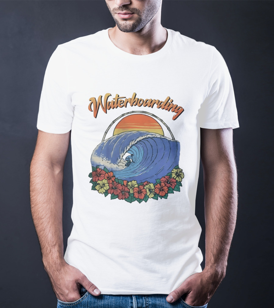 Waterboarding Surfing Tropical Hibiscus Flower Sunset Wave T-Shirt