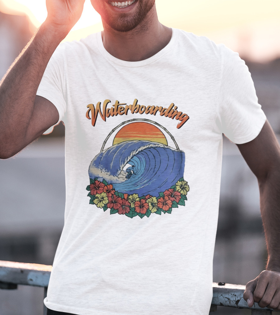 Waterboarding Surfing Tropical Hibiscus Flower Sunset Wave T-Shirt