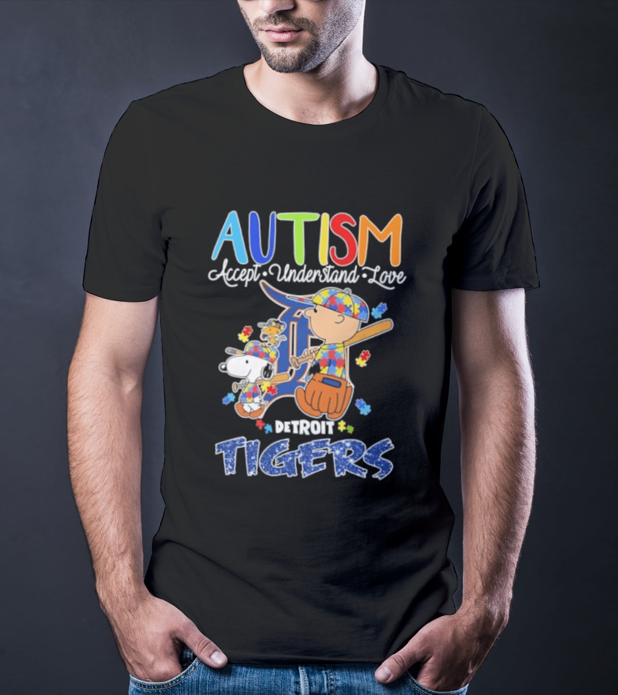 Autism Accept Understand Love Snoopy Charlie Brown Detroit Tigers T-Shirt