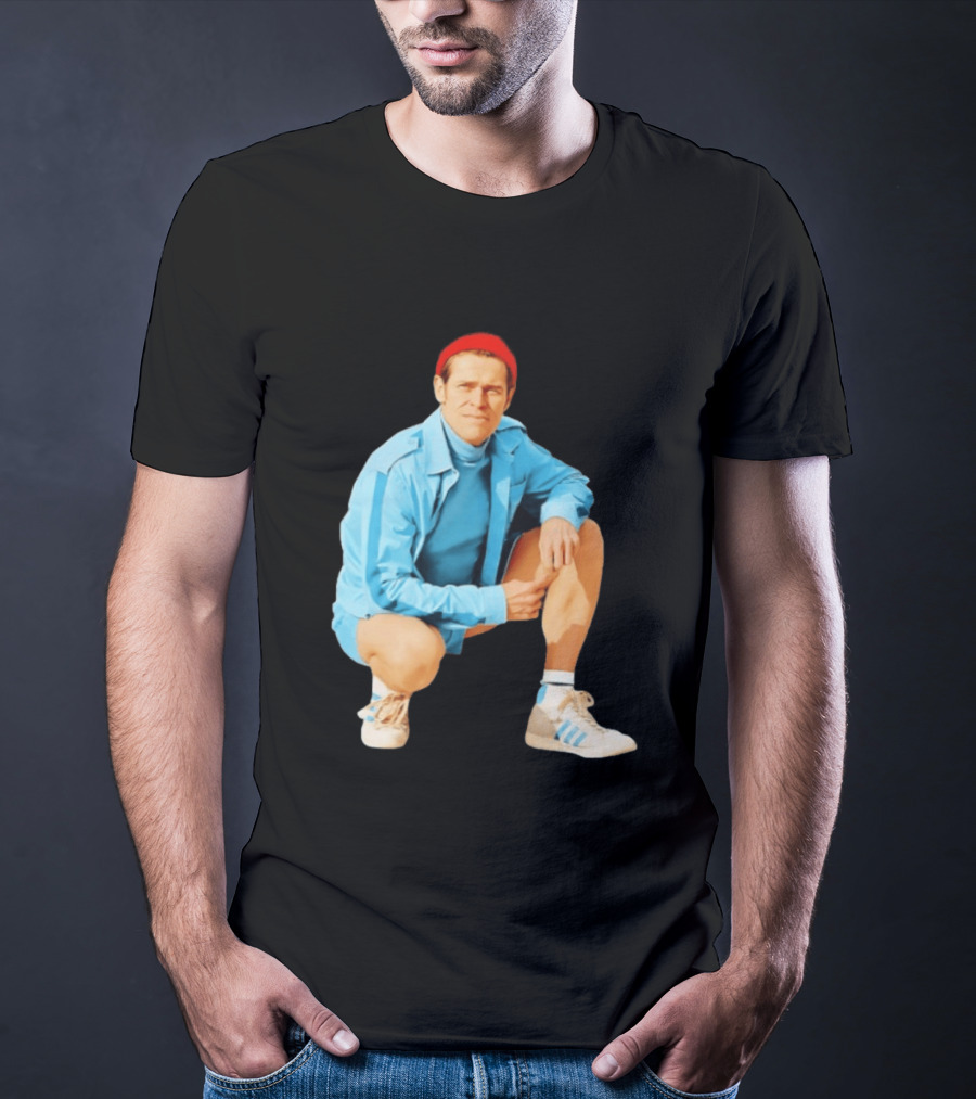 Klaus Willem Dafoe Retro Style With Red Beanie And Blue Tracksuit T-Shirt