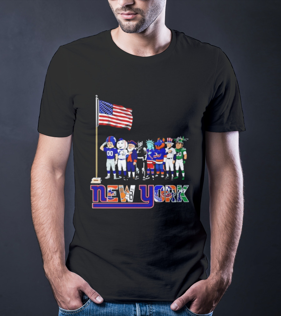 New York Sports Teams Mascots American Flag Giants Yankees Mets Rangers Knicks Jets T-Shirt