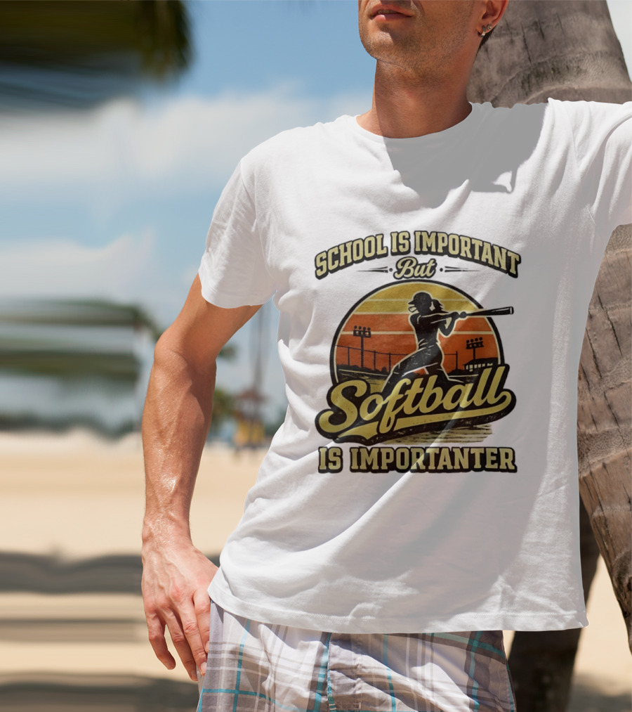School Is Important But Softball Is Importanter Retro Silhouette Batter T-Shirt