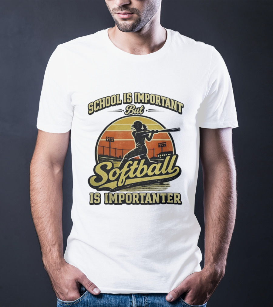 School Is Important But Softball Is Importanter Retro Silhouette Batter T-Shirt