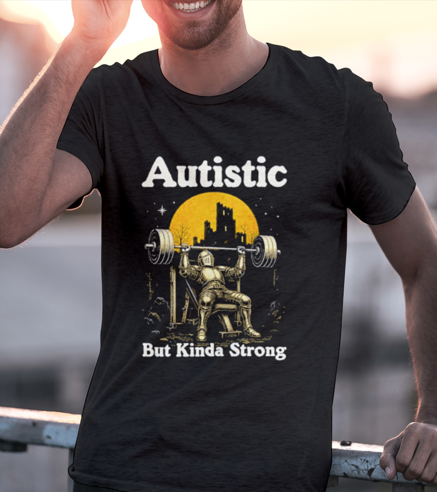 Autistic But Kinda Strong Knight Lifting Weights Autism Awareness Moon T-Shirt