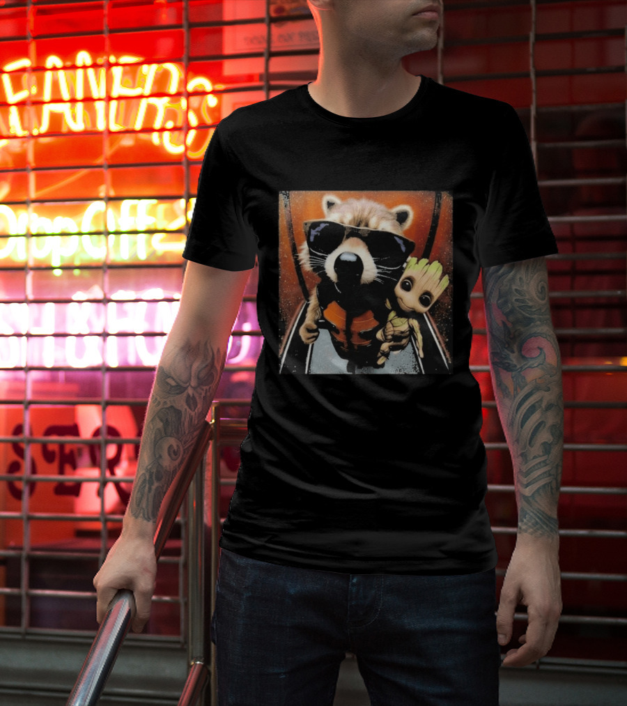 John Bates Raccoon And Baby Tree Alien With Sunglasses And Orange Suit T-Shirt