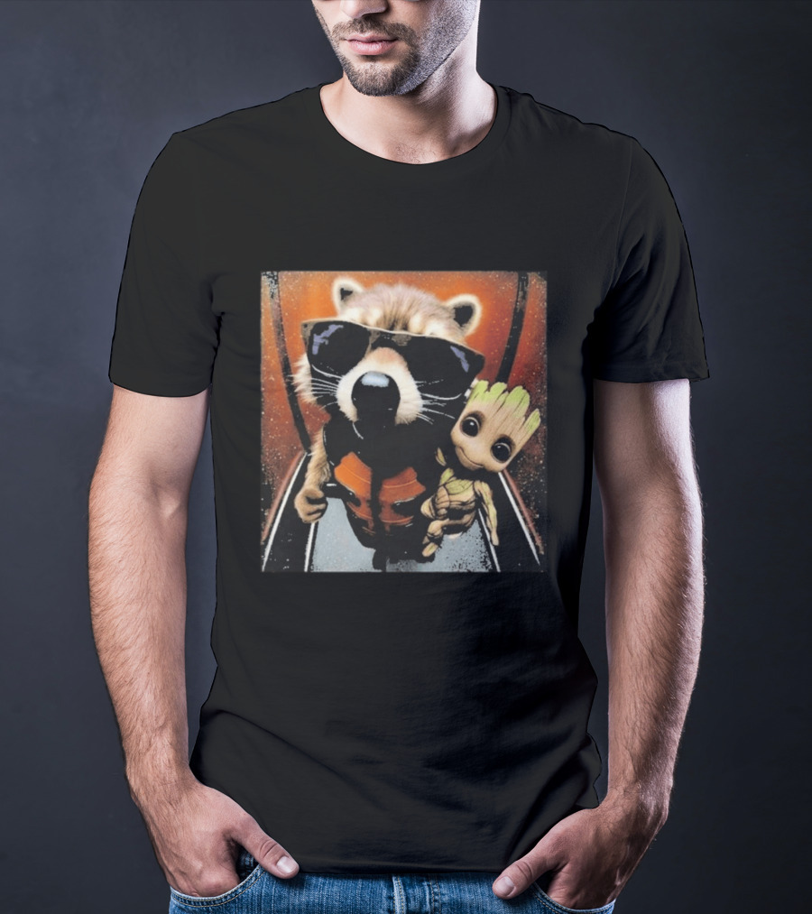 John Bates Raccoon And Baby Tree Alien With Sunglasses And Orange Suit T-Shirt