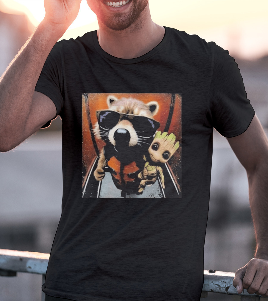 John Bates Raccoon And Baby Tree Alien With Sunglasses And Orange Suit T-Shirt