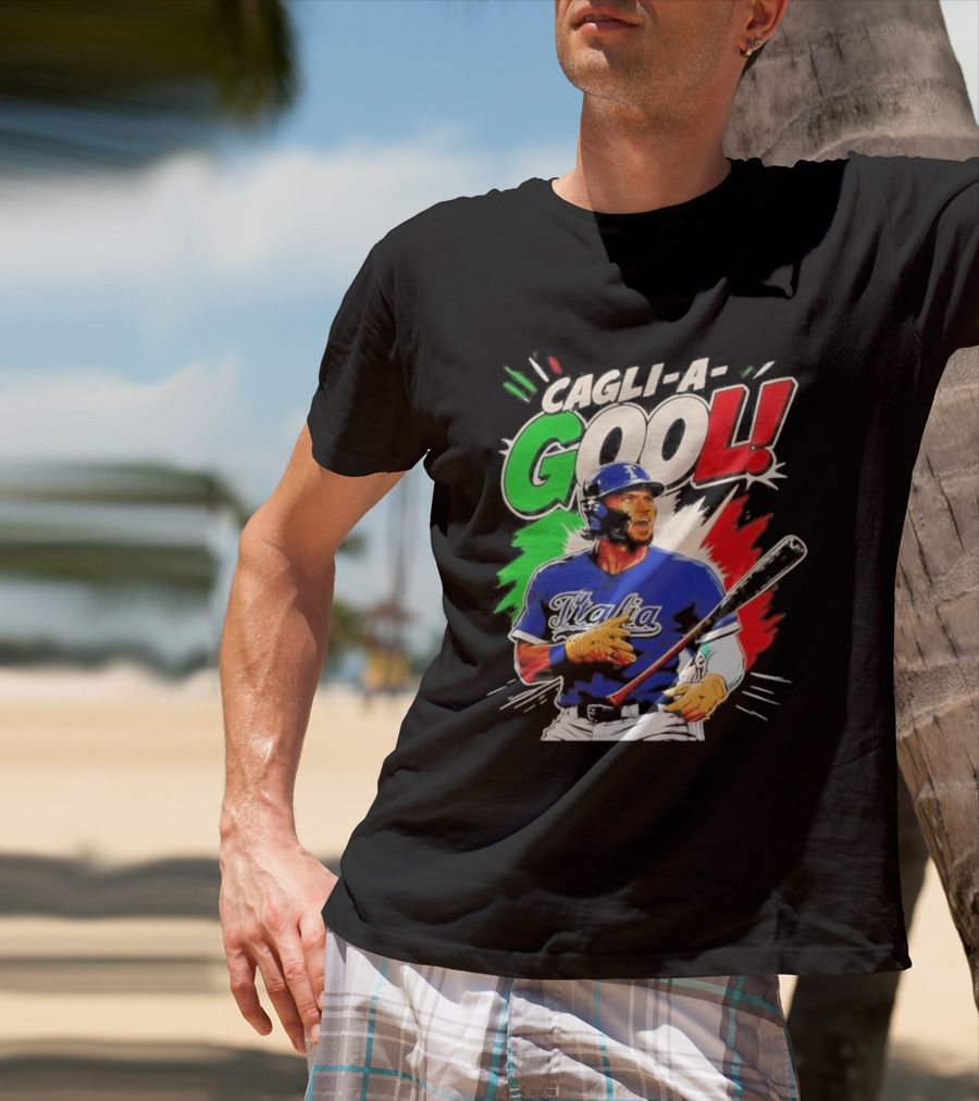 Cagli A Gool Italia Baseball Player Hitter With Italian Flag T-Shirt