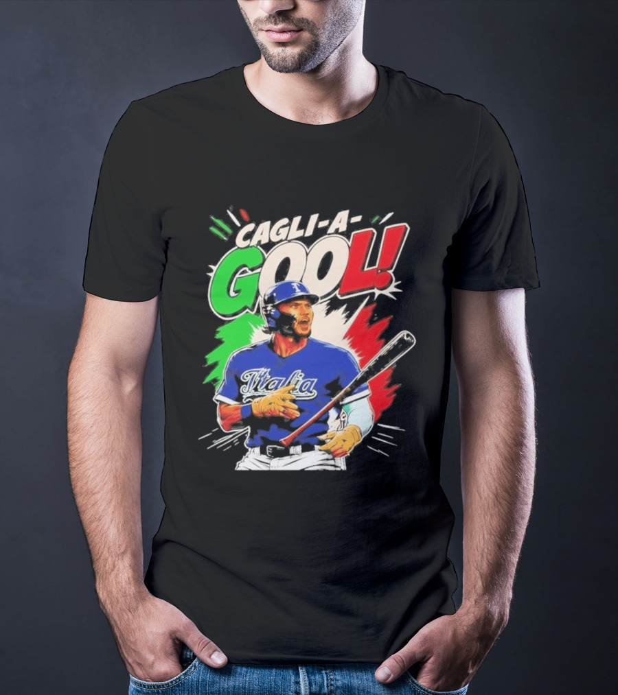 Cagli A Gool Italia Baseball Player Hitter With Italian Flag T-Shirt