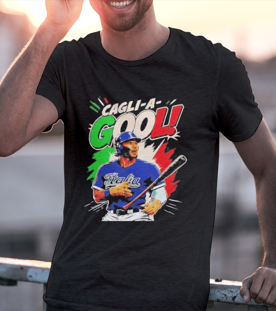 Cagli A Gool Italia Baseball Player Hitter With Italian Flag T-Shirt