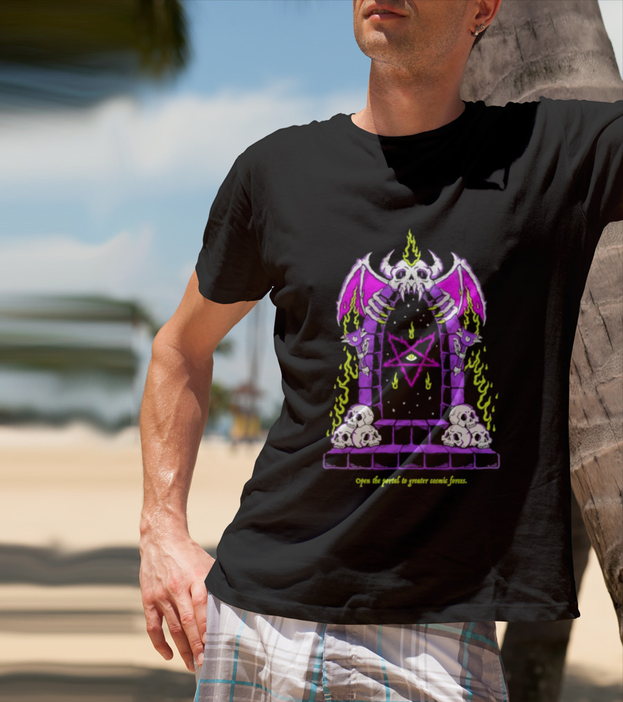Open The Portal To Greater Cosmic Forces Pentagram Skull With Bat Wings And All Seeing Eye T-Shirt