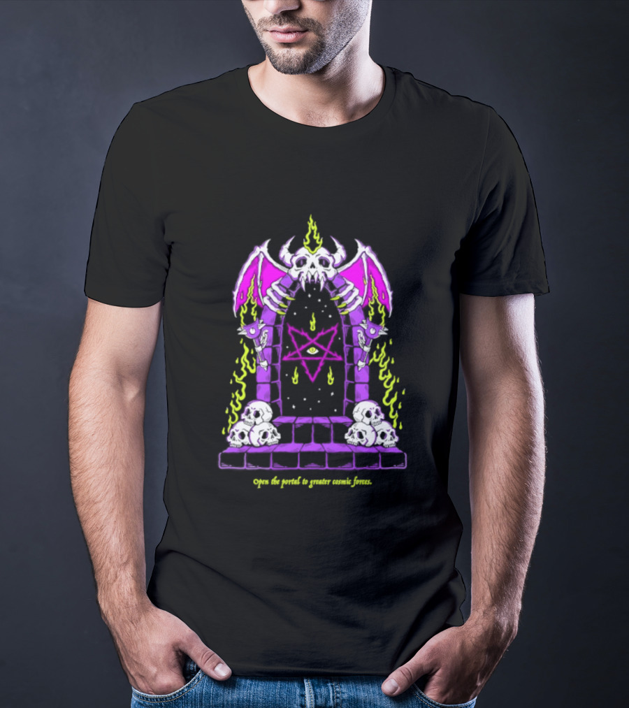 Open The Portal To Greater Cosmic Forces Pentagram Skull With Bat Wings And All Seeing Eye T-Shirt