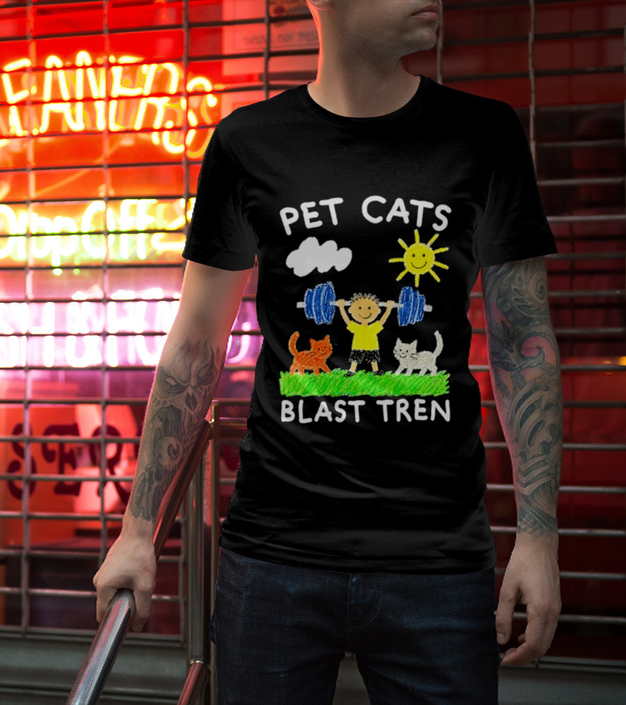 Pet Cats Blast Tren Bodybuilding Gym Child With Weights Sun And Clouds T-Shirt
