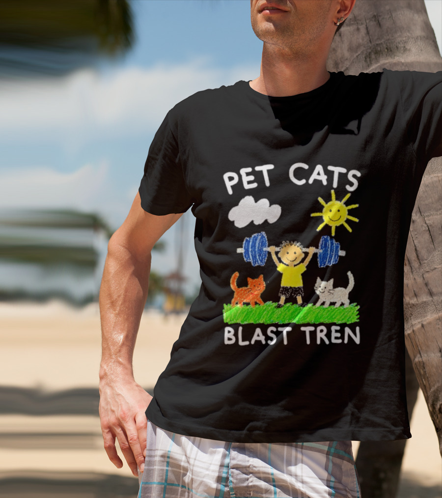 Pet Cats Blast Tren Bodybuilding Gym Child With Weights Sun And Clouds T-Shirt