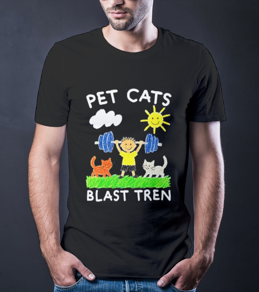 Pet Cats Blast Tren Bodybuilding Gym Child With Weights Sun And Clouds T-Shirt