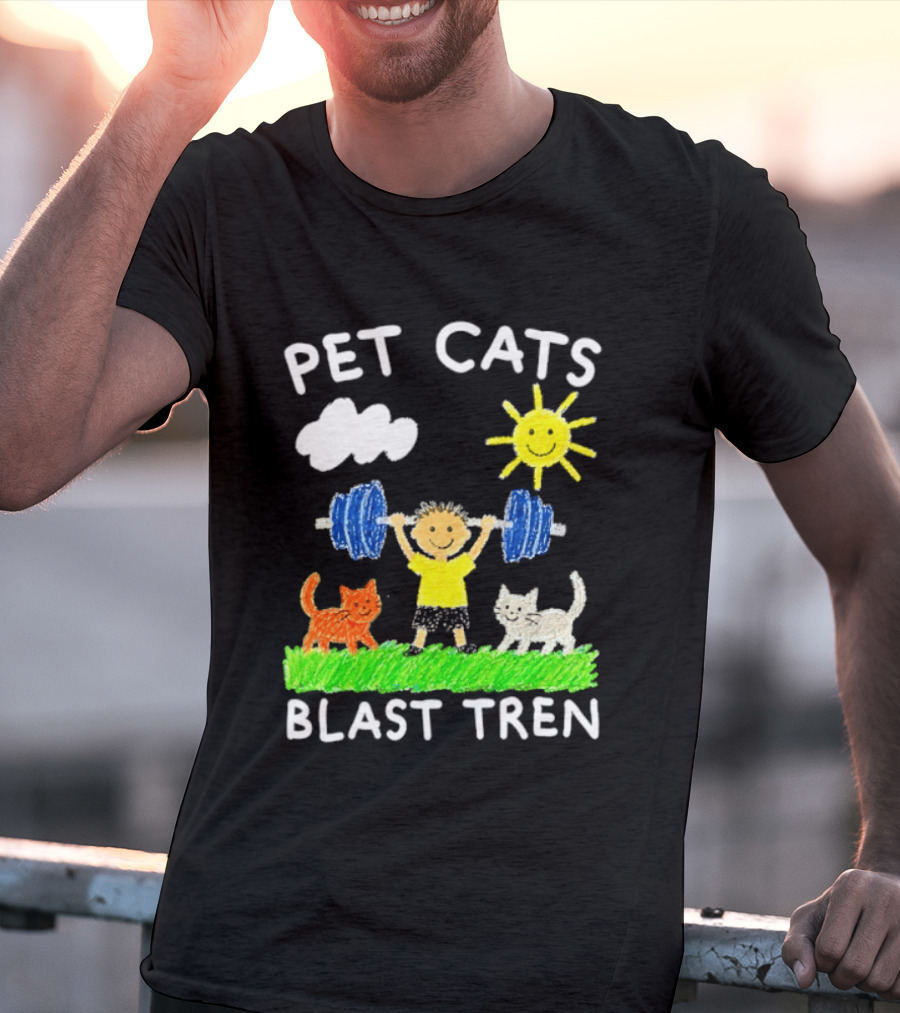 Pet Cats Blast Tren Bodybuilding Gym Child With Weights Sun And Clouds T-Shirt
