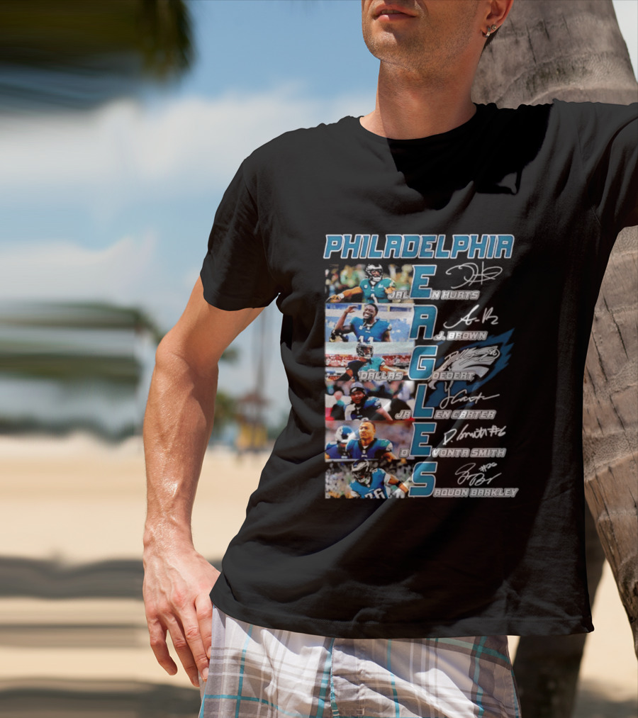Philadelphia Eagles Jalen Hurts AJ Brown Dallas Goedert Jalen Carter DeVonta Smith Saquon Barkley Signatures Team T-Shirt