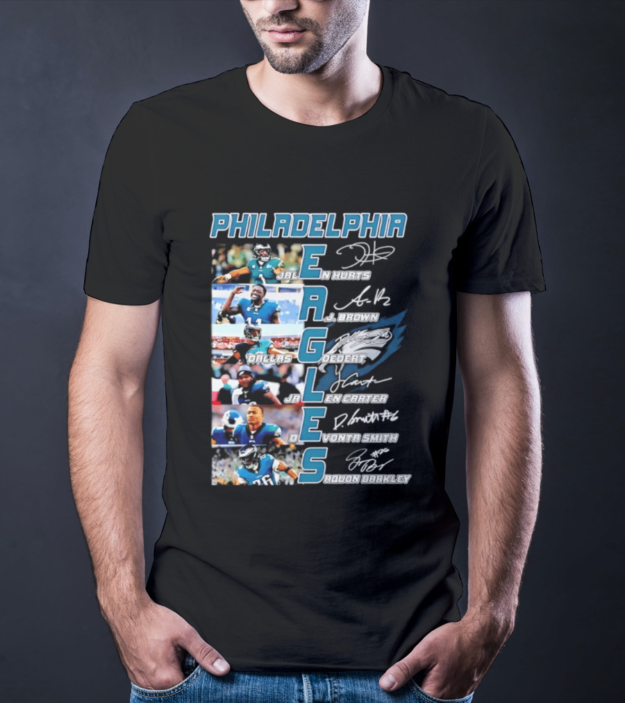 Philadelphia Eagles Jalen Hurts AJ Brown Dallas Goedert Jalen Carter DeVonta Smith Saquon Barkley Signatures Team T-Shirt