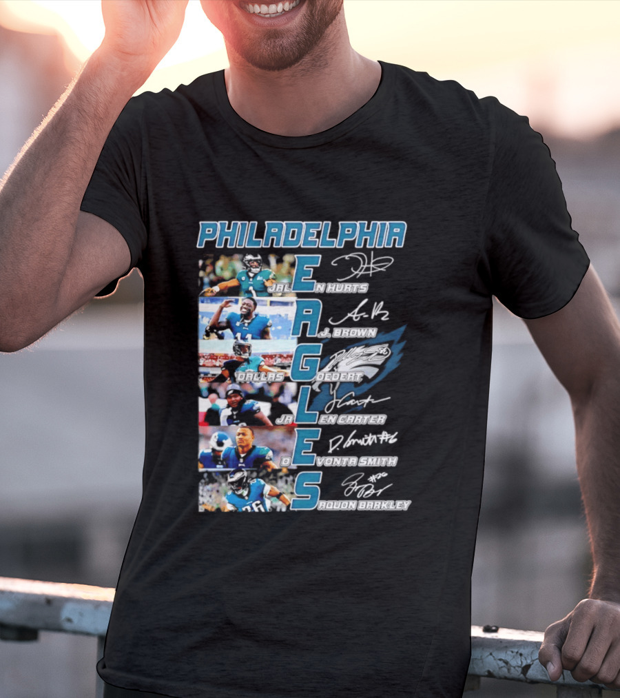 Philadelphia Eagles Jalen Hurts AJ Brown Dallas Goedert Jalen Carter DeVonta Smith Saquon Barkley Signatures Team T-Shirt
