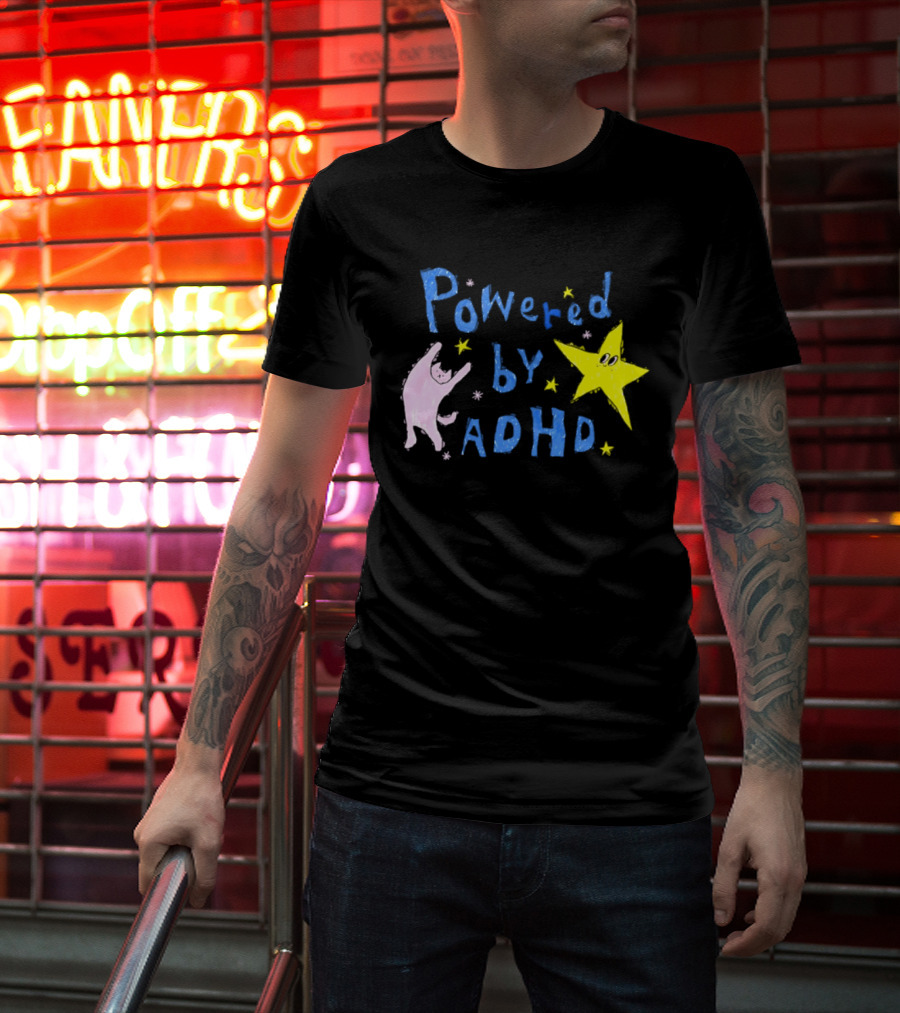 Powered By ADHD Neurodivergent Star And Cat With Yellow Stars T-Shirt